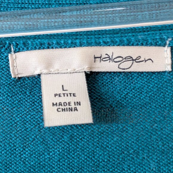 Halogen 100% Merino Wool Teal V-neck Button Cardigan Sweater | LG Petite | EUC - Picture 2 of 8